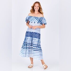 Lula soul Tierra off shoulder dress women’s size small blue and white